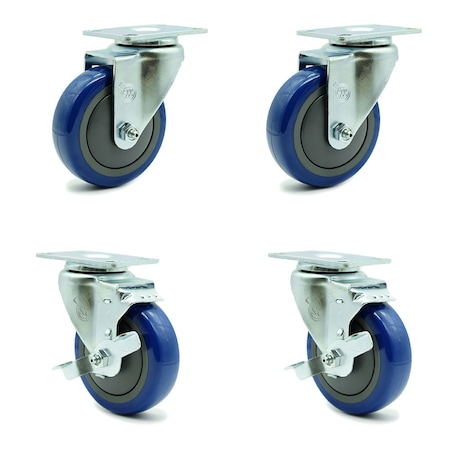 Service Caster 4 Inch Blue Polyurethane Wheel Swivel Top Plate Caster Set with 2 Brakes SCC SCC-20S414-PPUB-BLUE-TP3-2-TLB-2